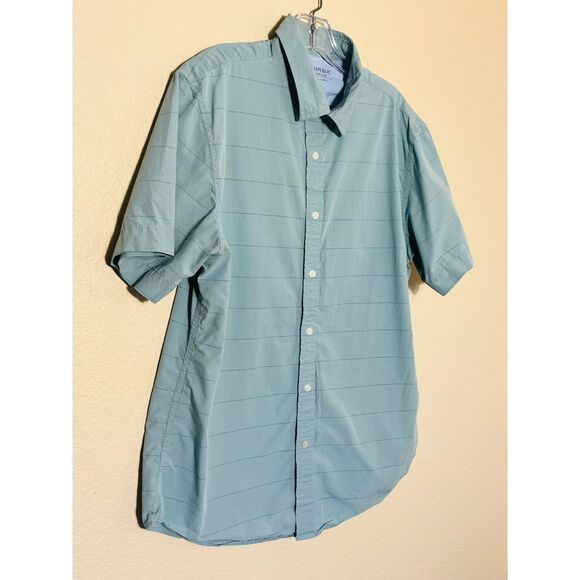 Mens Banana Republic Luxe Poplin Blue Short Sleeve Shirt Large - Picture 2 of 10